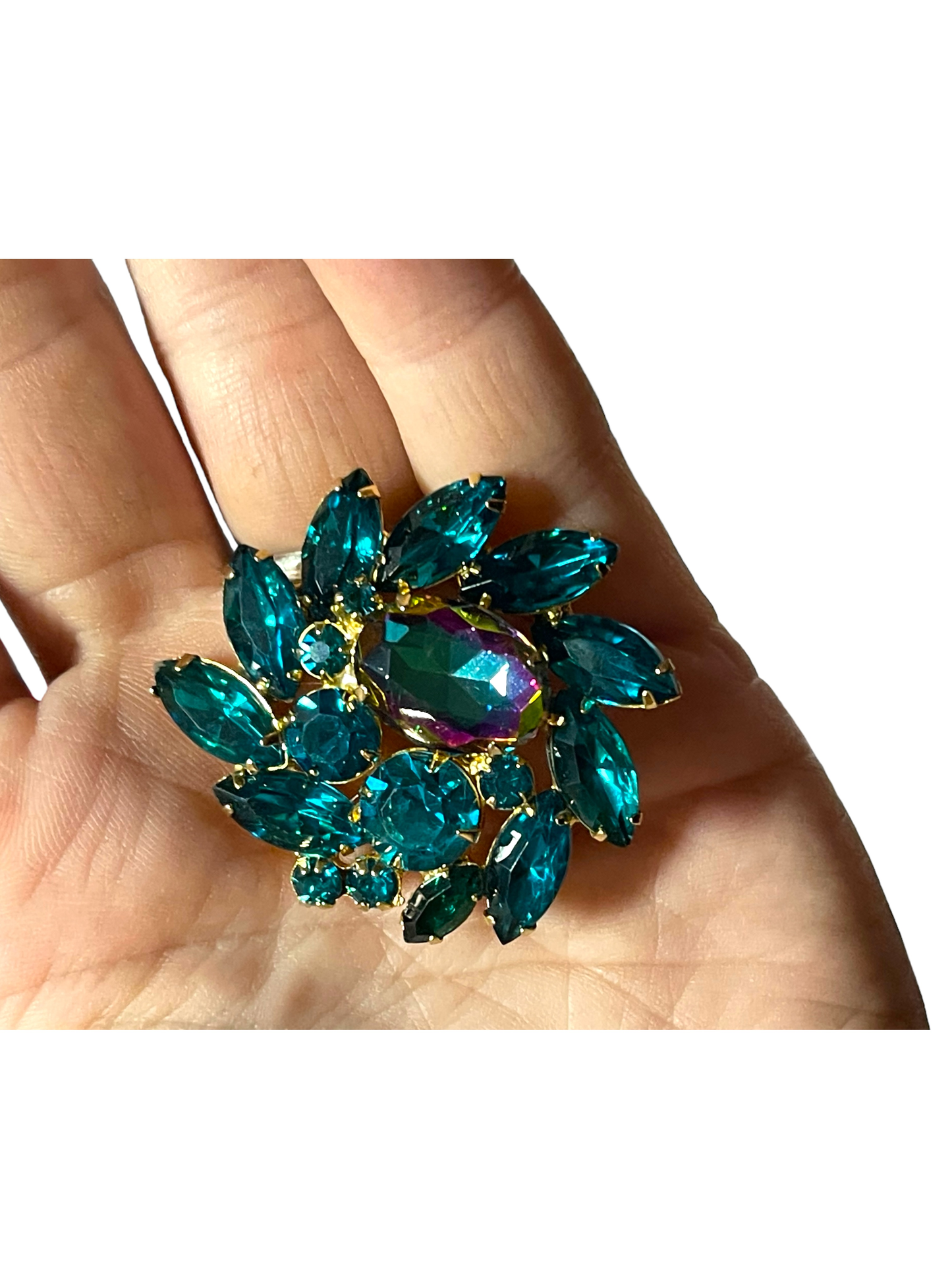 Vintage Unsigned Large Pinwheel/Heliotrope Watermelon and Turquoise Rhinestone Juliana Brooch