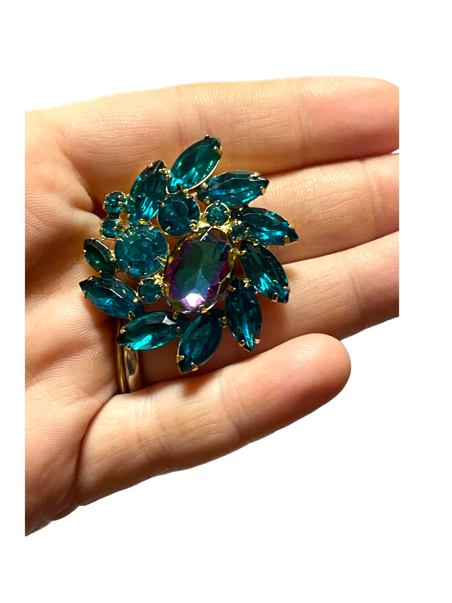 Vintage Unsigned Large Pinwheel/Heliotrope Watermelon and Turquoise Rhinestone Juliana Brooch