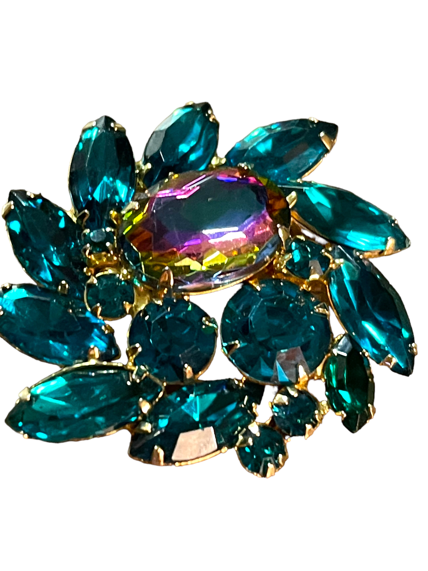 Vintage Unsigned Large Pinwheel/Heliotrope Watermelon and Turquoise Rhinestone Juliana Brooch