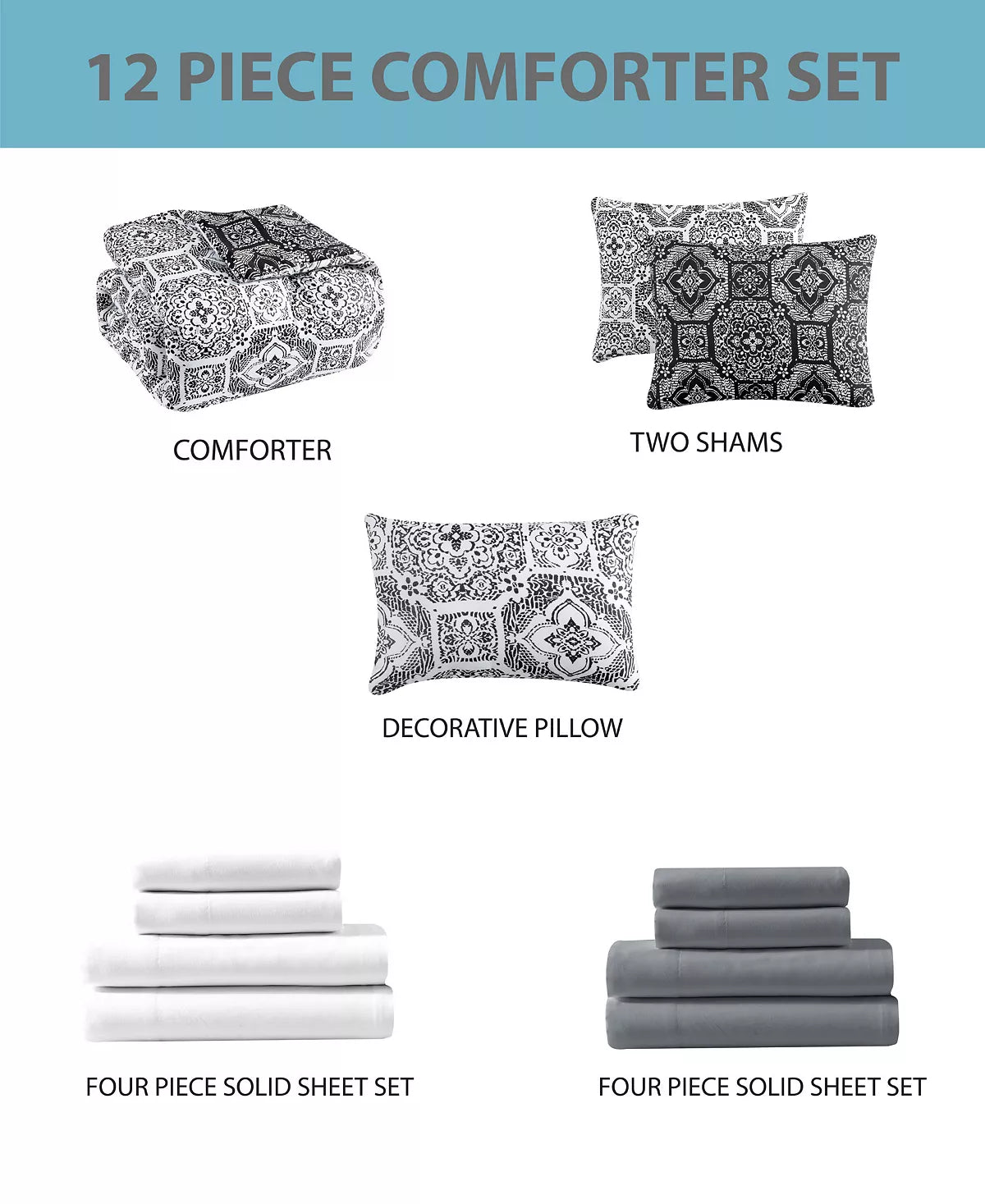 Amalie Reversible 12-Pc. Comforter Set - Charcoal/White