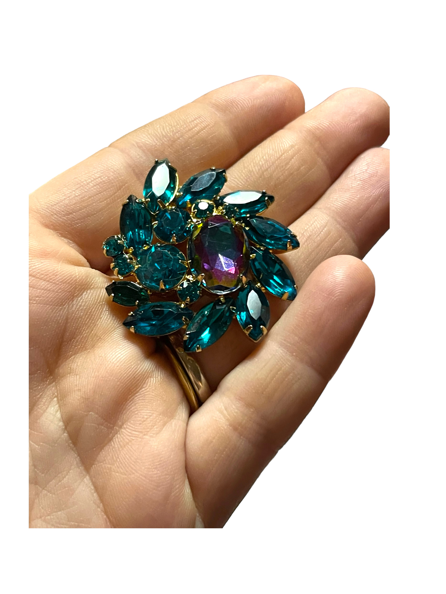 Vintage Unsigned Large Pinwheel/Heliotrope Watermelon and Turquoise Rhinestone Juliana Brooch