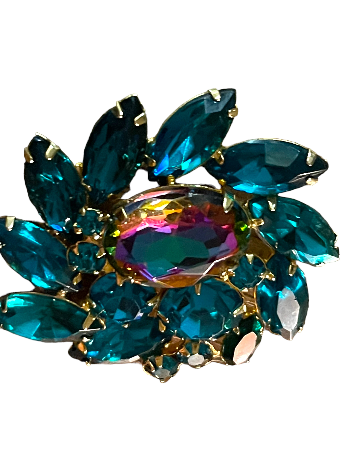 Vintage Unsigned Large Pinwheel/Heliotrope Watermelon and Turquoise Rhinestone Juliana Brooch