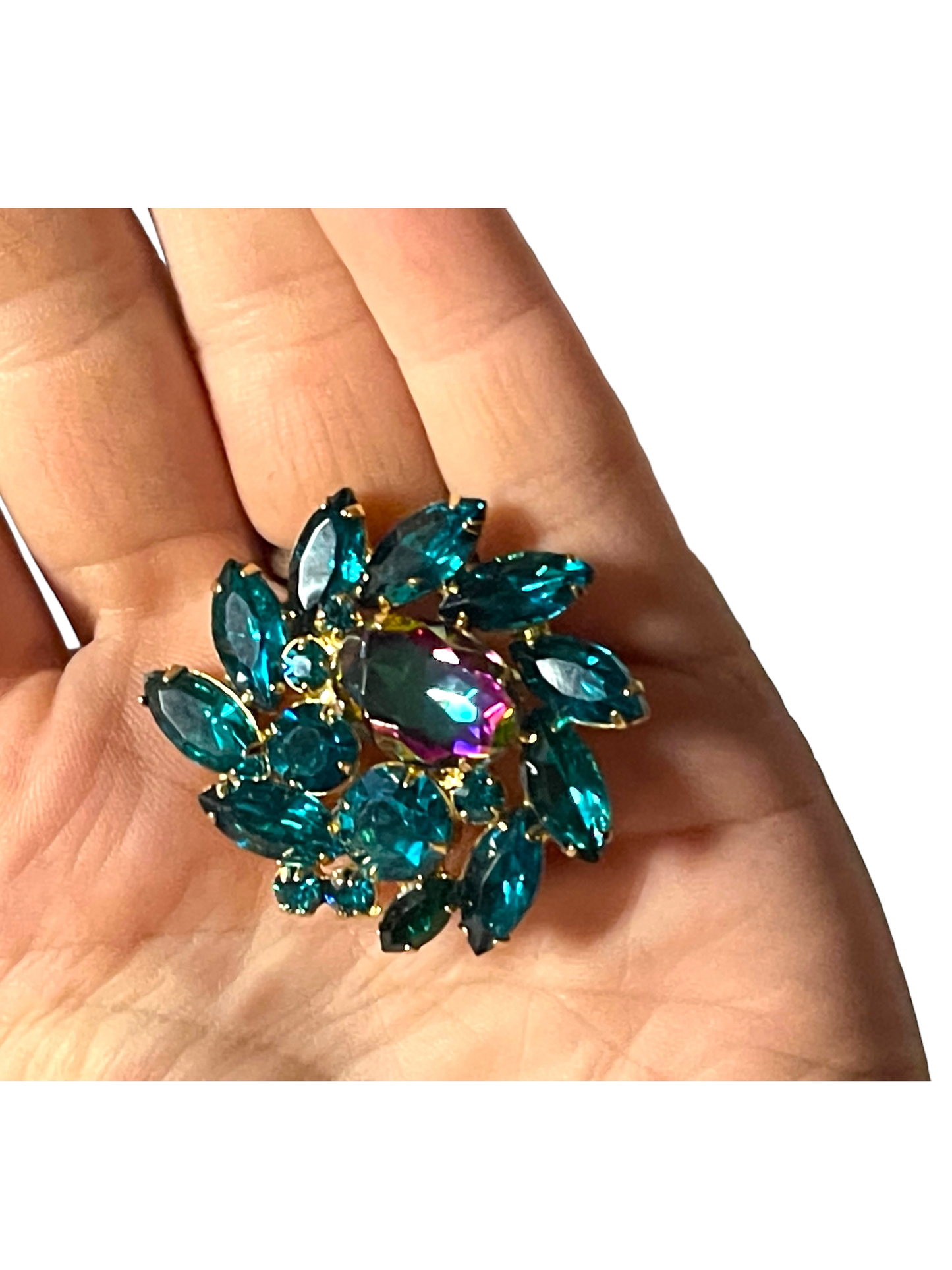 Vintage Unsigned Large Pinwheel/Heliotrope Watermelon and Turquoise Rhinestone Juliana Brooch