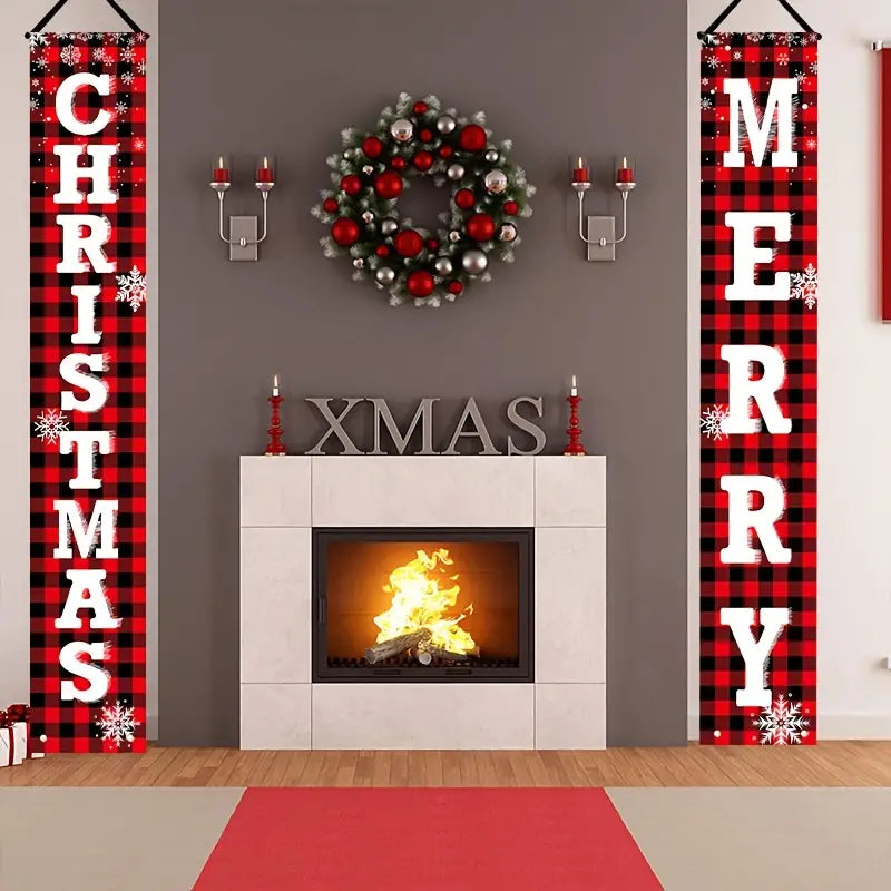 Vintage Style Merry Christmas Buffalo Plaid 2 Piece Door Fireplace Sign Banner