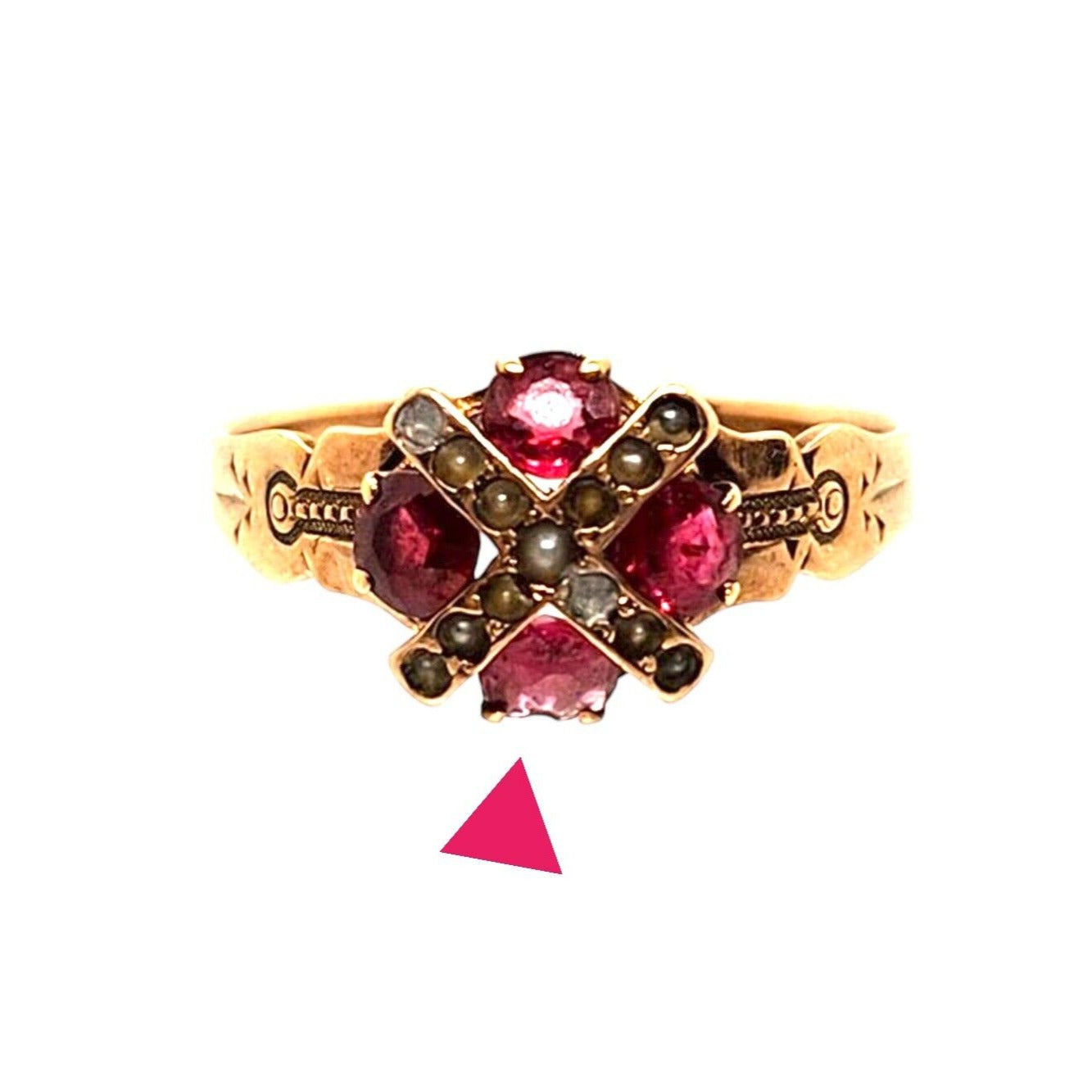 Antique Victorian 10K Rose Gold Garnet Engagement Ring With Seed Pearls