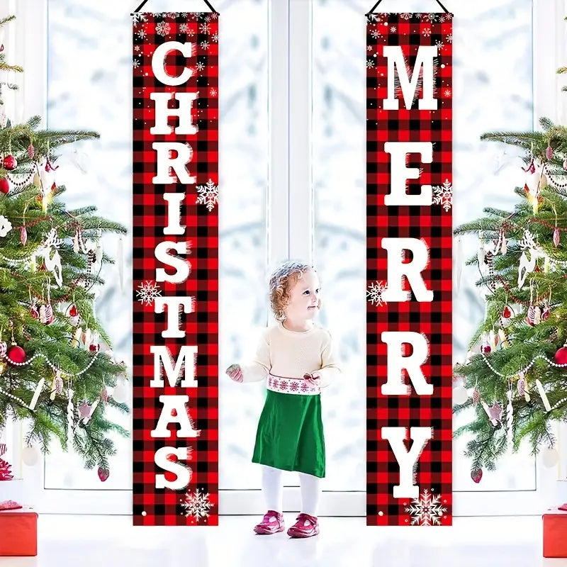 Vintage Style Merry Christmas Buffalo Plaid 2 Piece Door Fireplace Sign Banner