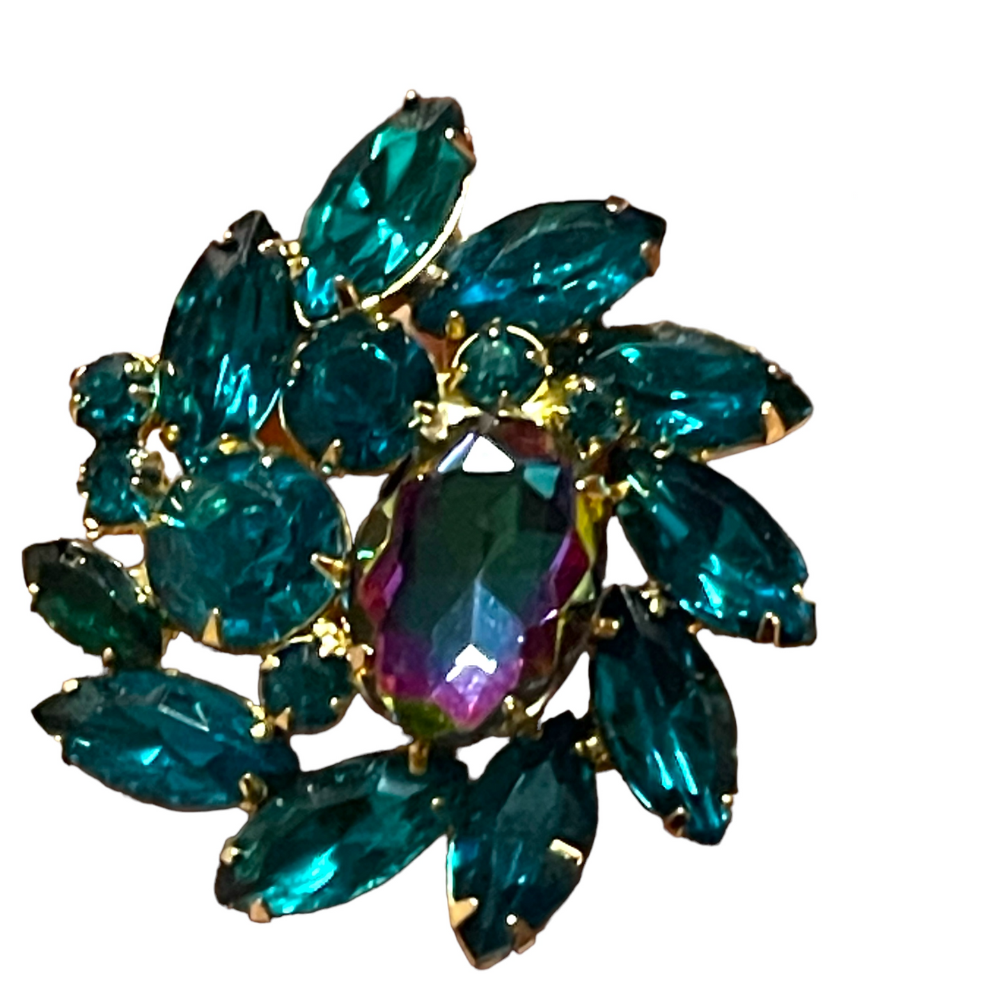 Vintage Unsigned Large Pinwheel/Heliotrope Watermelon and Turquoise Rhinestone Juliana Brooch