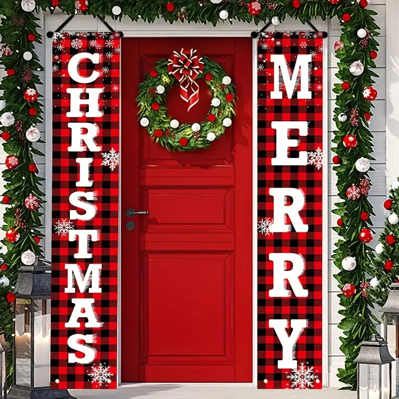 Vintage Style Merry Christmas Buffalo Plaid 2 Piece Door Fireplace Sign Banner