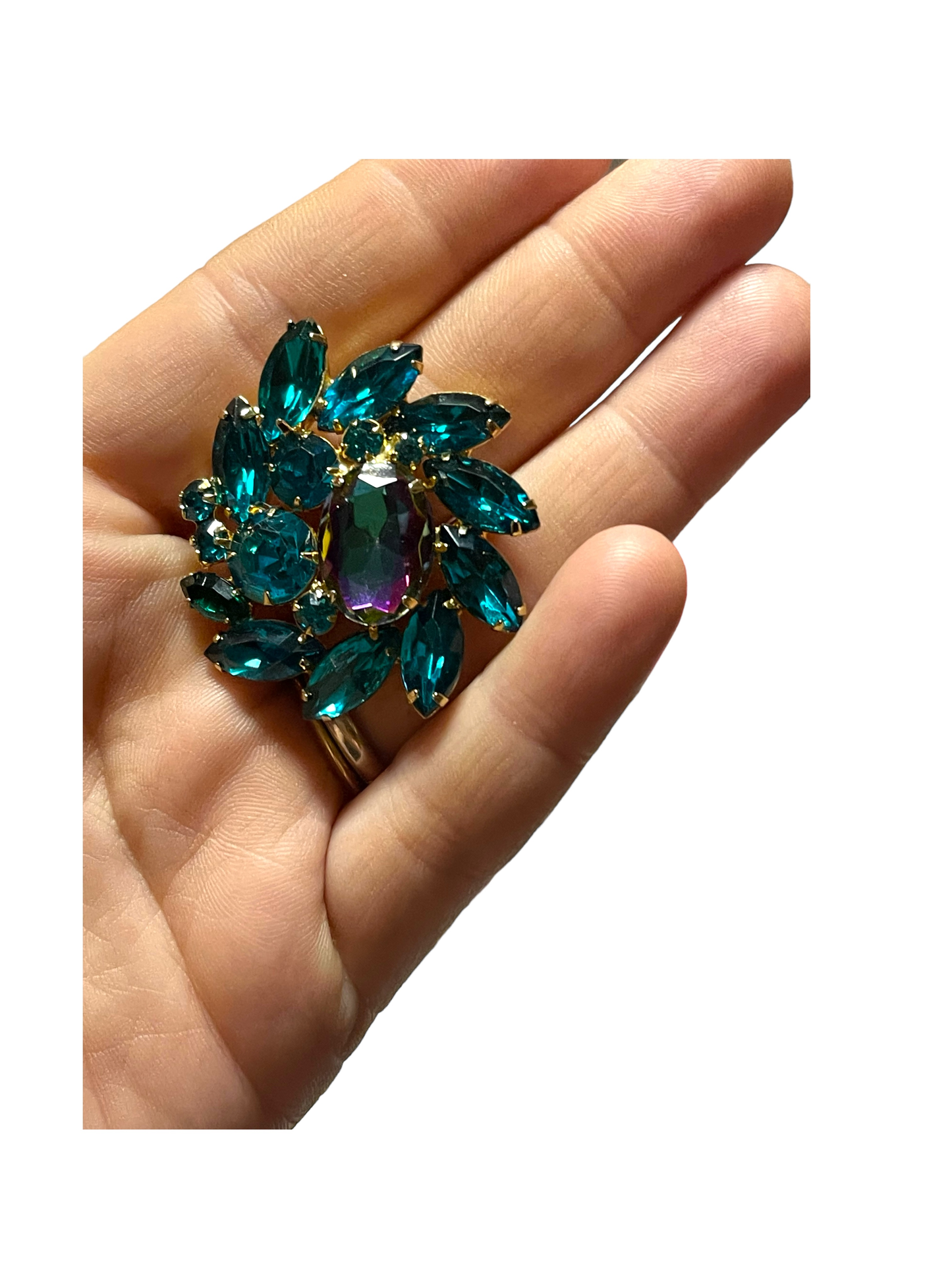 Vintage Unsigned Large Pinwheel/Heliotrope Watermelon and Turquoise Rhinestone Juliana Brooch