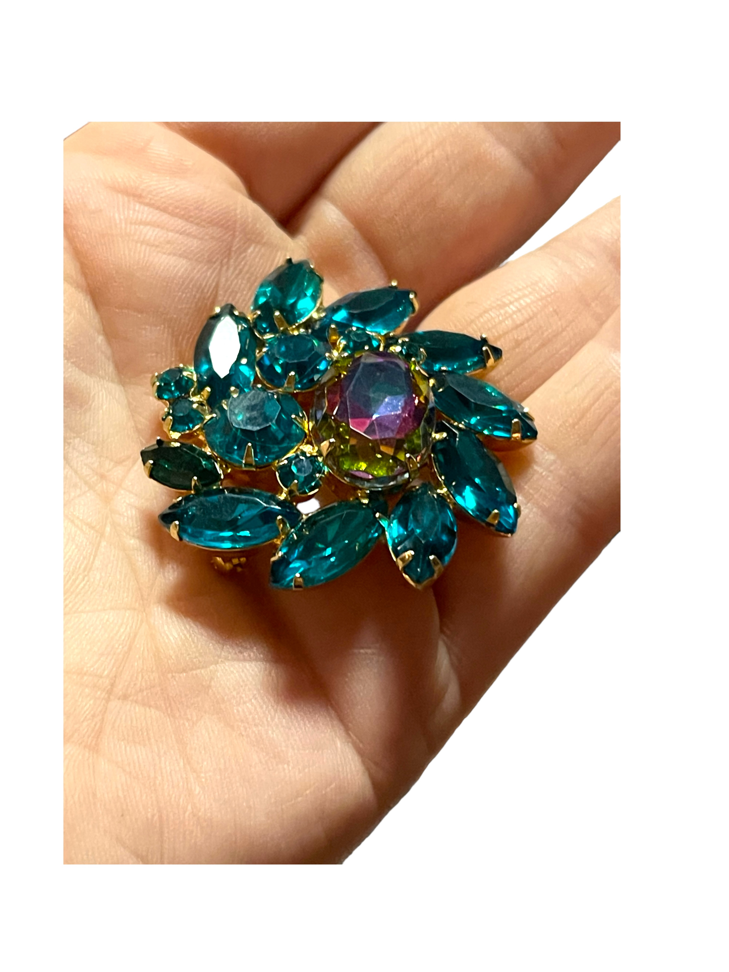 Vintage Unsigned Large Pinwheel/Heliotrope Watermelon and Turquoise Rhinestone Juliana Brooch