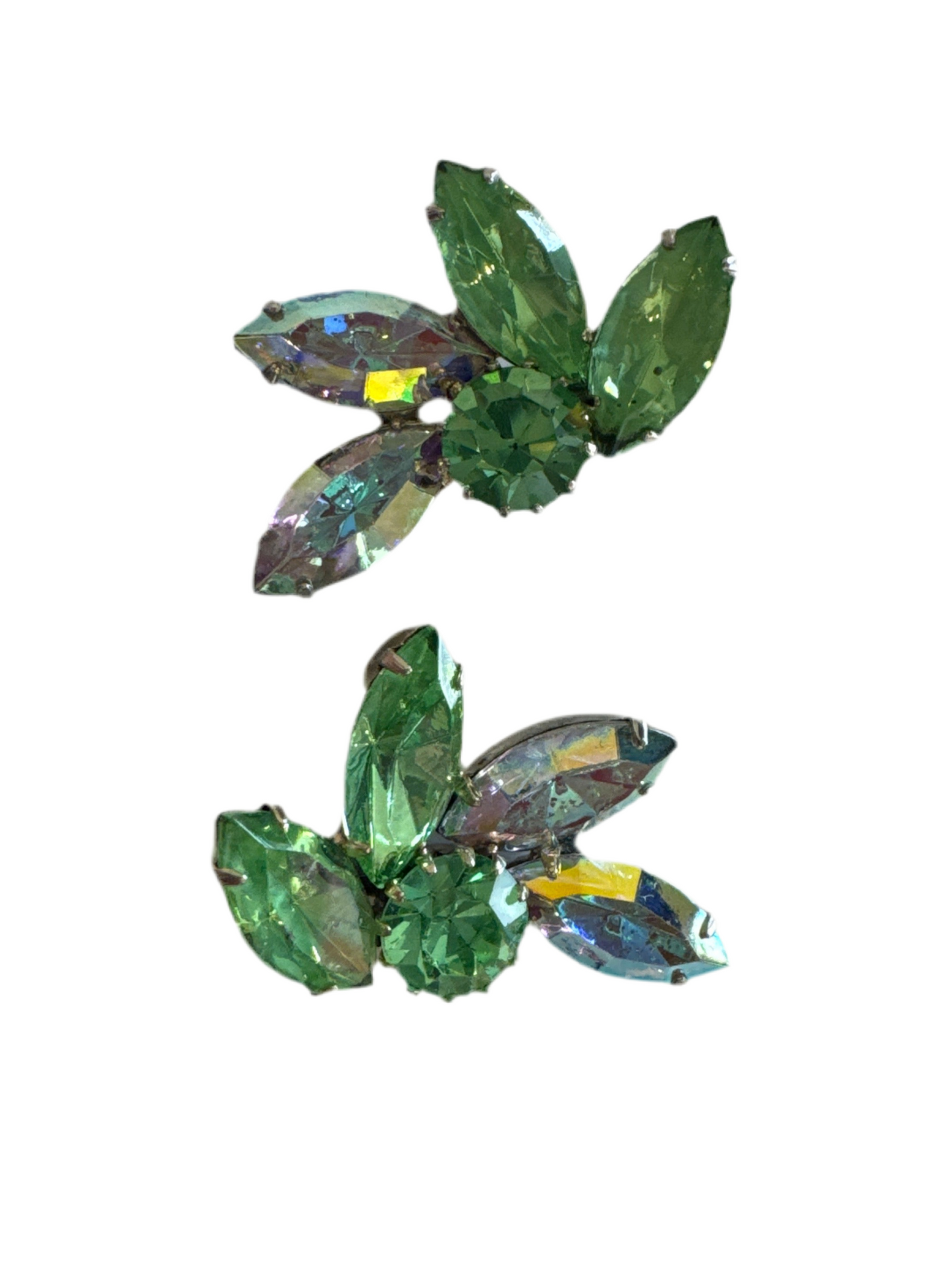 Vintage 1950’s Aurora Borealis Green Navette Crystal Rhinestone Silvertone Clip Earrings