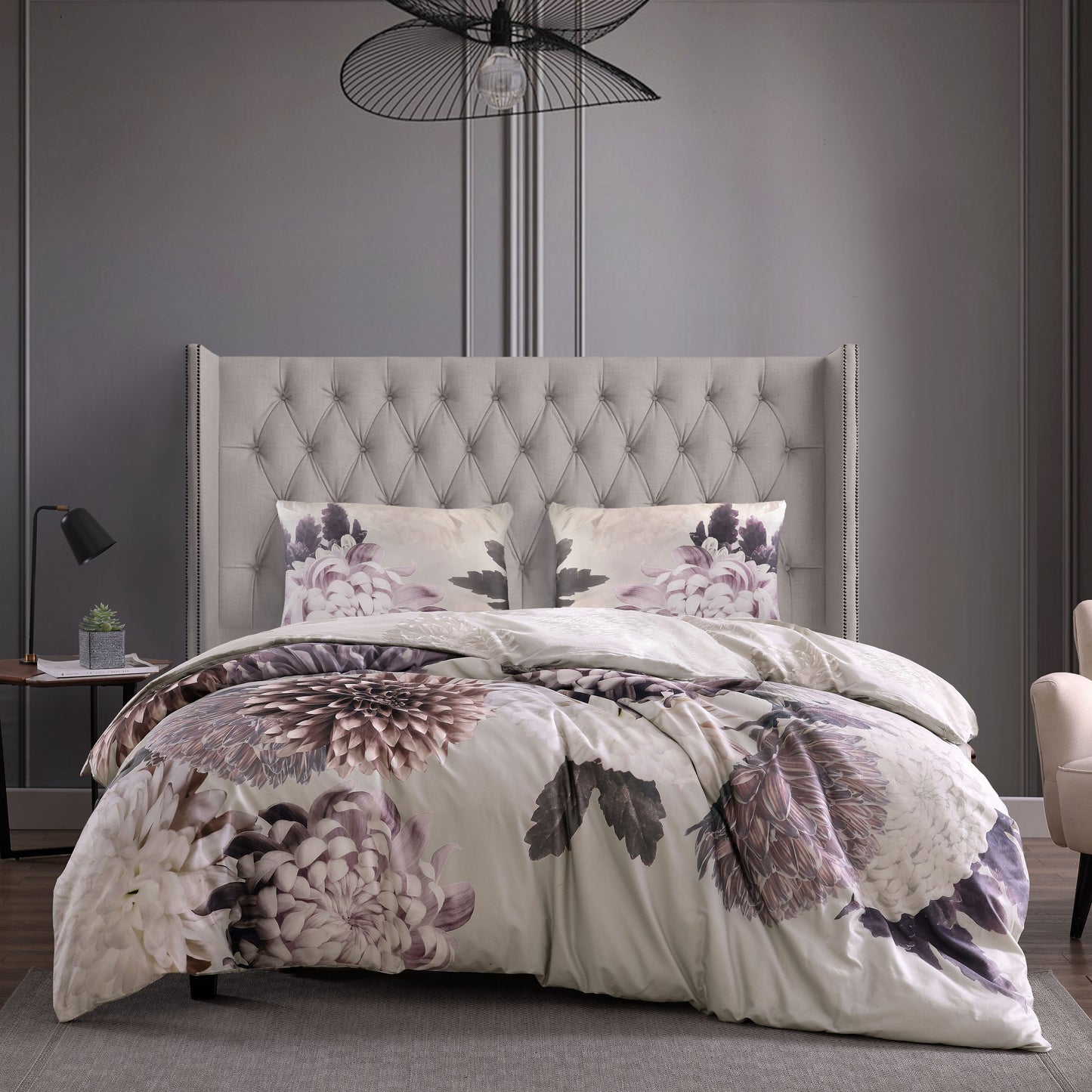 Bebejan Dahlia Purple 200 Thread Count 100% Cotton Sateen 3 Piece Reversible Duvet Cover Set