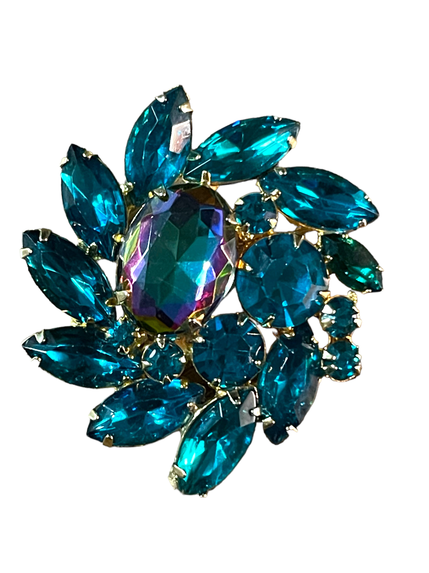 Vintage Unsigned Large Pinwheel/Heliotrope Watermelon and Turquoise Rhinestone Juliana Brooch
