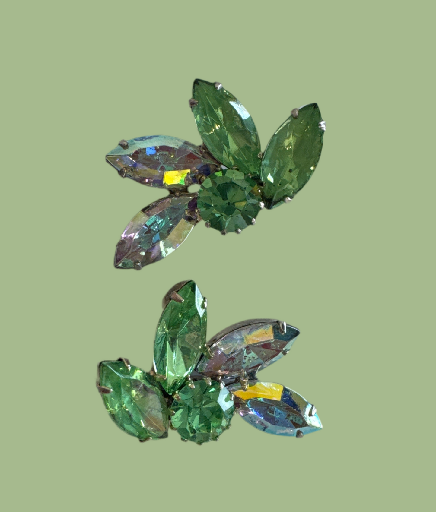 Vintage 1950’s Aurora Borealis Green Navette Crystal Rhinestone Silvertone Clip Earrings