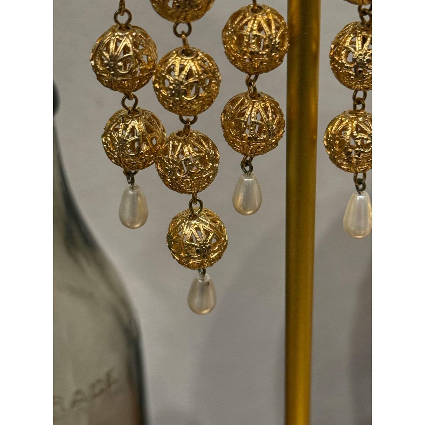 Vintage 1960's Gold Filigree Drop Earrings With Faux Pearl Accents