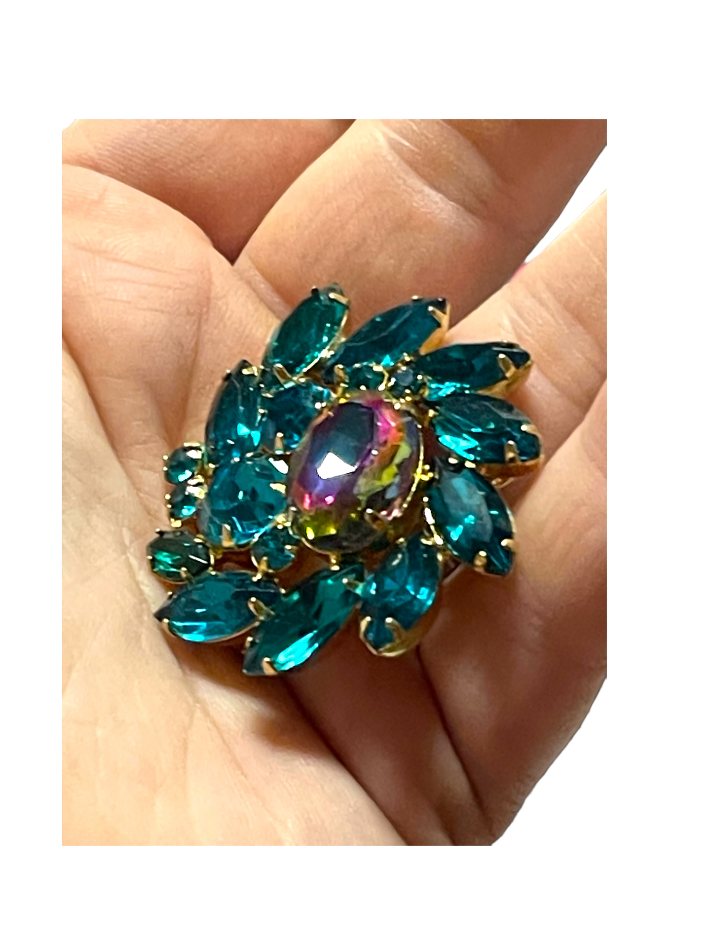 Vintage Unsigned Large Pinwheel/Heliotrope Watermelon and Turquoise Rhinestone Juliana Brooch