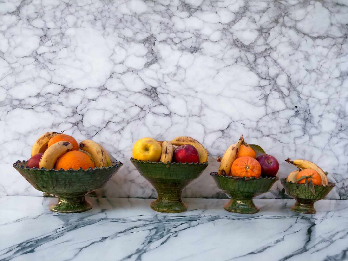 Tamegroute Fruit Bowls, Tamegroute Bowls Green Glazed Pottery, Set of 4 ceramic Fruit bowls, Tamegroute bowls, each handmade in Morocco.