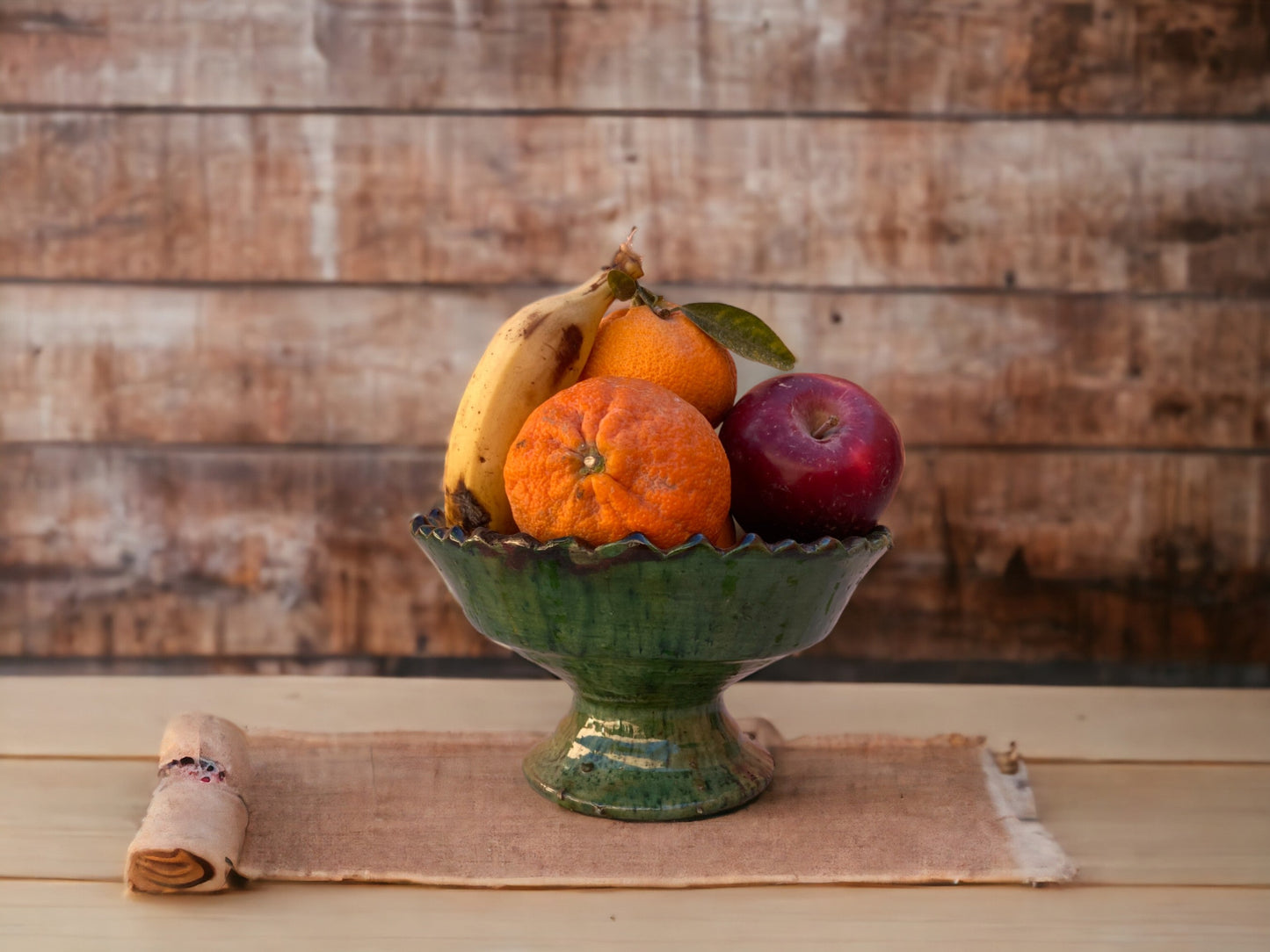 Tamegroute Fruit Bowls, Tamegroute Bowls Green & Ochre Glazed Pottery, A Collection Of 4 Ceramic Fruit bowls, each handmade in Morocco.