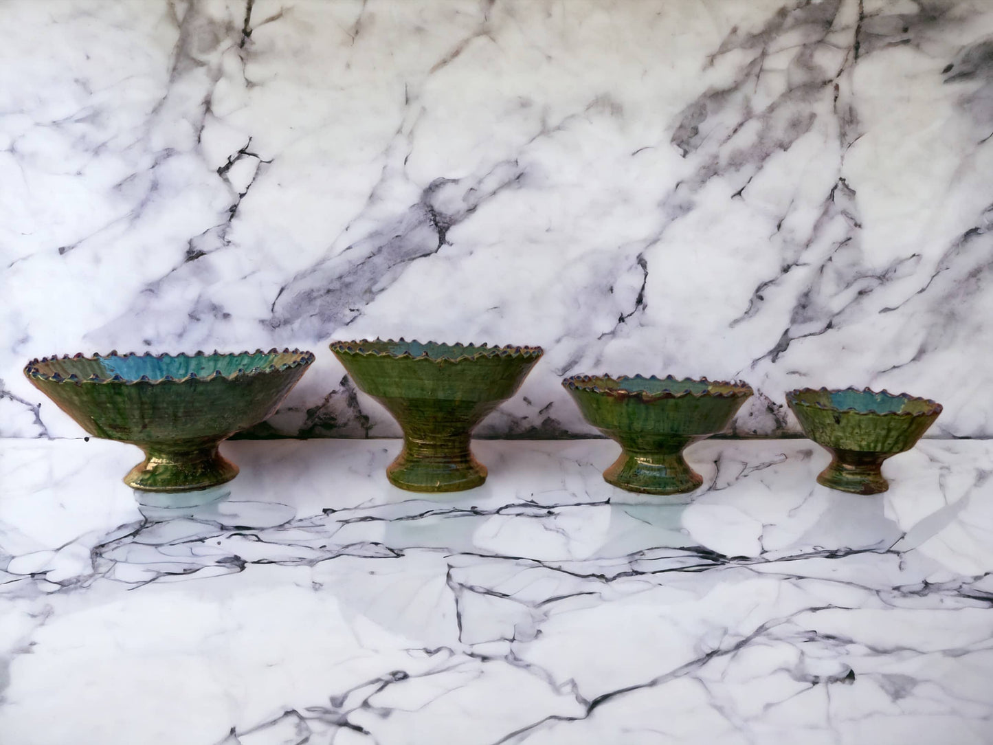 Tamegroute Fruit Bowls, Tamegroute Bowls Green Glazed Pottery, Set of 4 ceramic Fruit bowls, Tamegroute bowls, each handmade in Morocco.