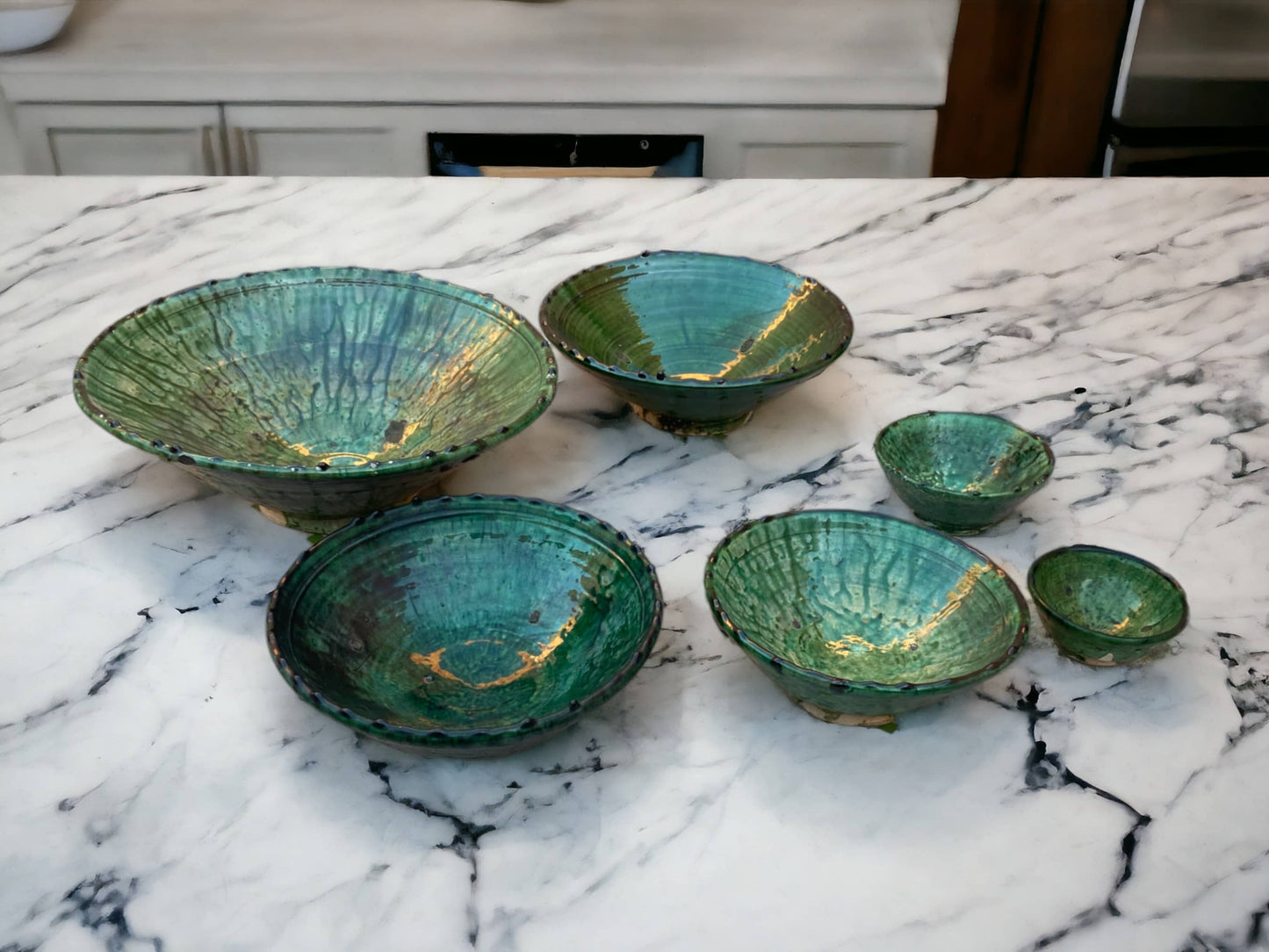 Tamegroute Bowls, Handmade Bowls, Bowls Green Glazed Pottery, Pedestal Bowl, Serving bowls, Salad Bowls, nesting bowls handmade in Morocco