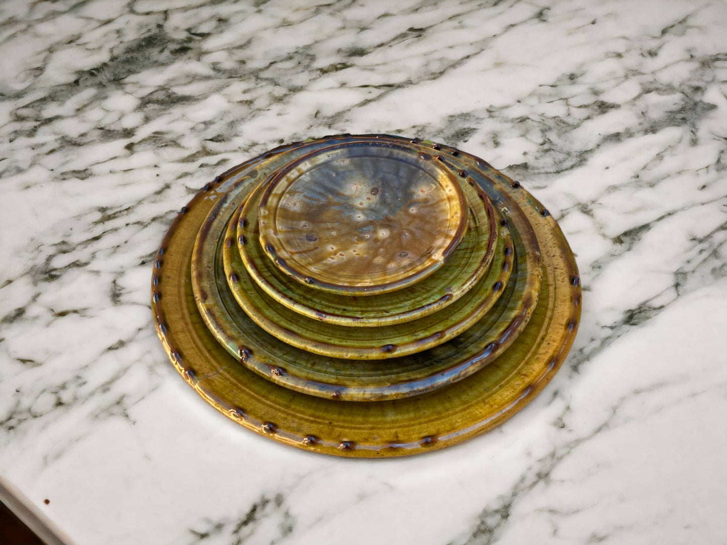 Tamegroute Plates, Handmade Plates, Plate Ochre Glazed Pottery, Pedestal Plate, Serving Plate, nesting Plates, Plate set handmade in Morocco