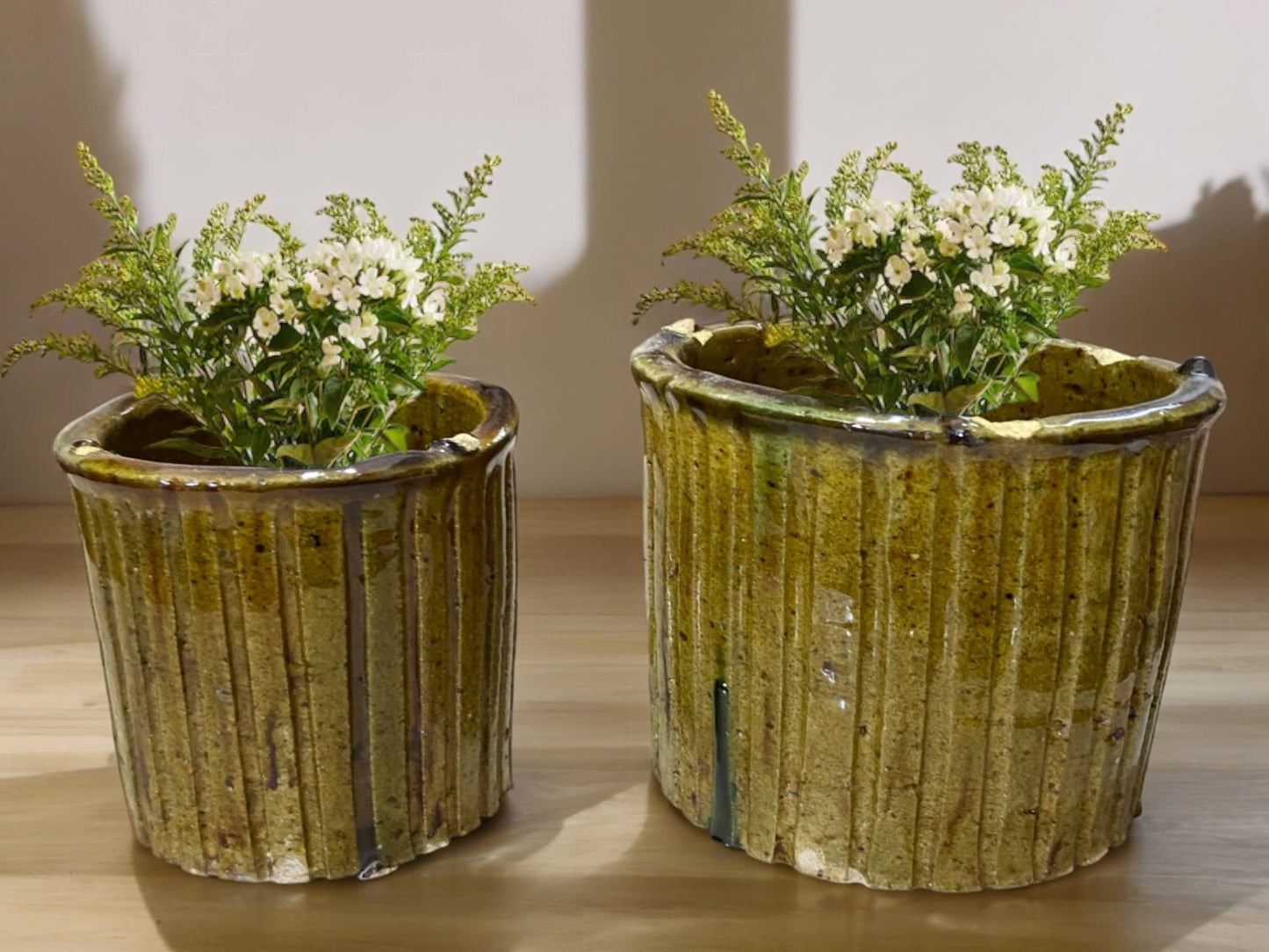 Handmade Moroccan Vintage Shaded Ochre Glaze Tamegroute Ribbed Planter/Pot: Unique Ceramic Pottery for Plants