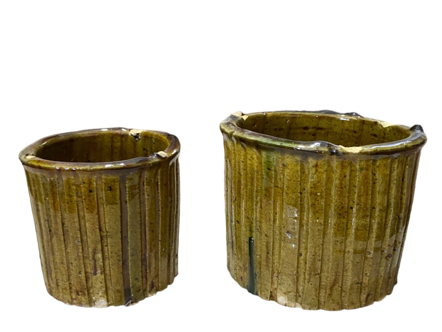 Handmade Moroccan Vintage Shaded Ochre Glaze Tamegroute Ribbed Planter/Pot: Unique Ceramic Pottery for Plants