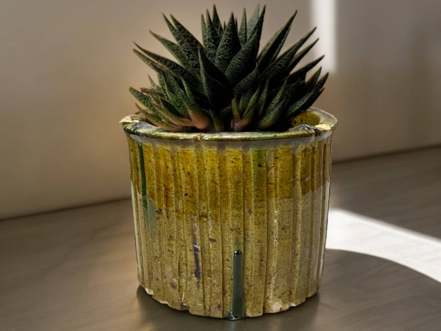 Handmade Moroccan Vintage Shaded Ochre Glaze Tamegroute Ribbed Planter/Pot: Unique Ceramic Pottery for Plants