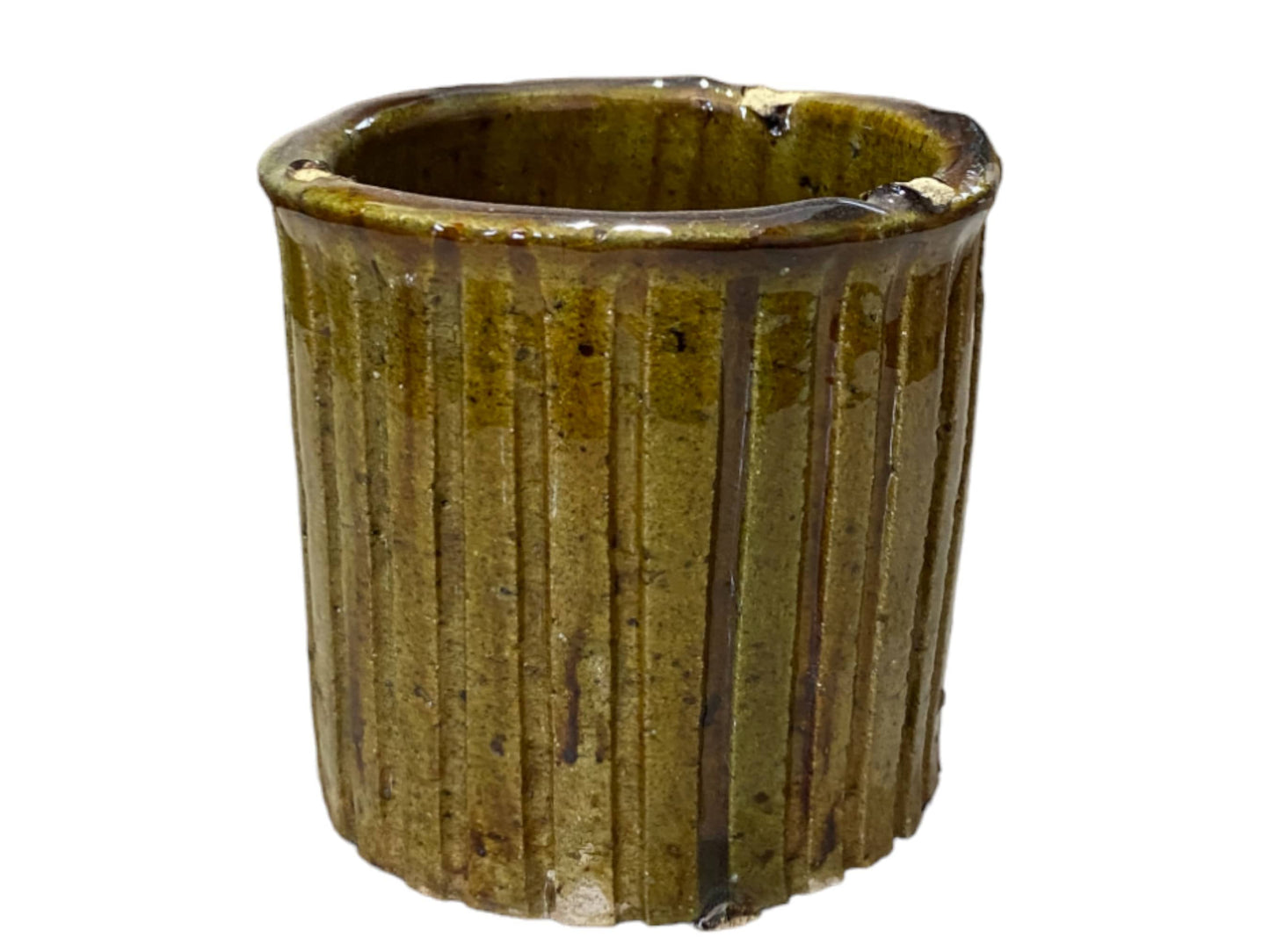 Handmade Moroccan Vintage Shaded Ochre Glaze Tamegroute Ribbed Planter/Pot: Unique Ceramic Pottery for Plants