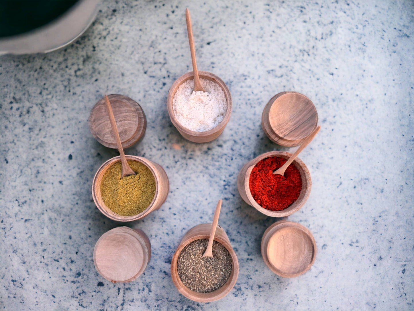 Moroccan Walnut Wood Spices Pack, Spices Accessories, Mortar and Pestle, two wooden Spice Trays, Wooden Spice Jars with accompanying spoons.