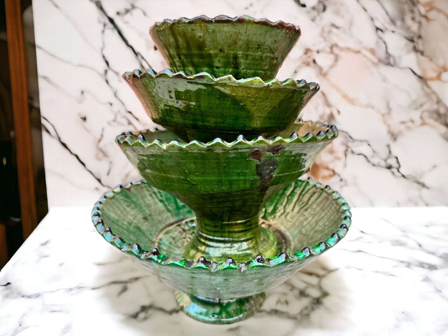 Tamegroute Fruit Bowls, Tamegroute Bowls Green Glazed Pottery, Set of 4 ceramic Fruit bowls, Tamegroute bowls, each handmade in Morocco.