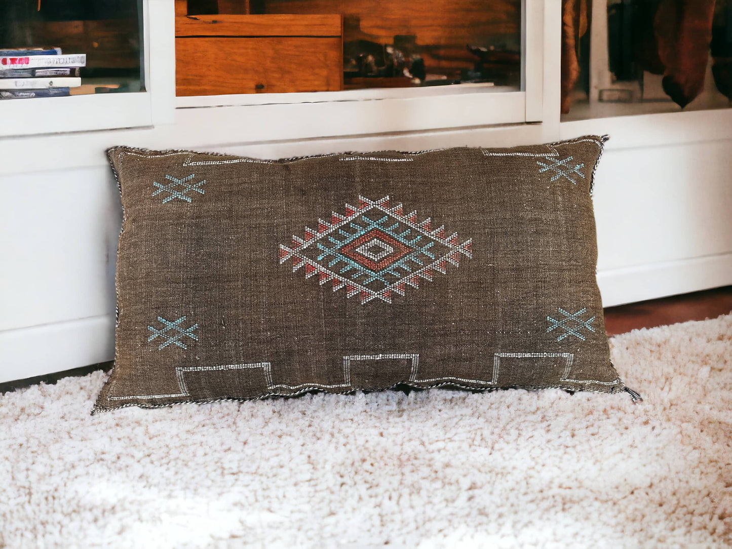 Moroccan Sabra Lumbar Throw Pillow: Cactus Silk Elegance for Stylish Comfort