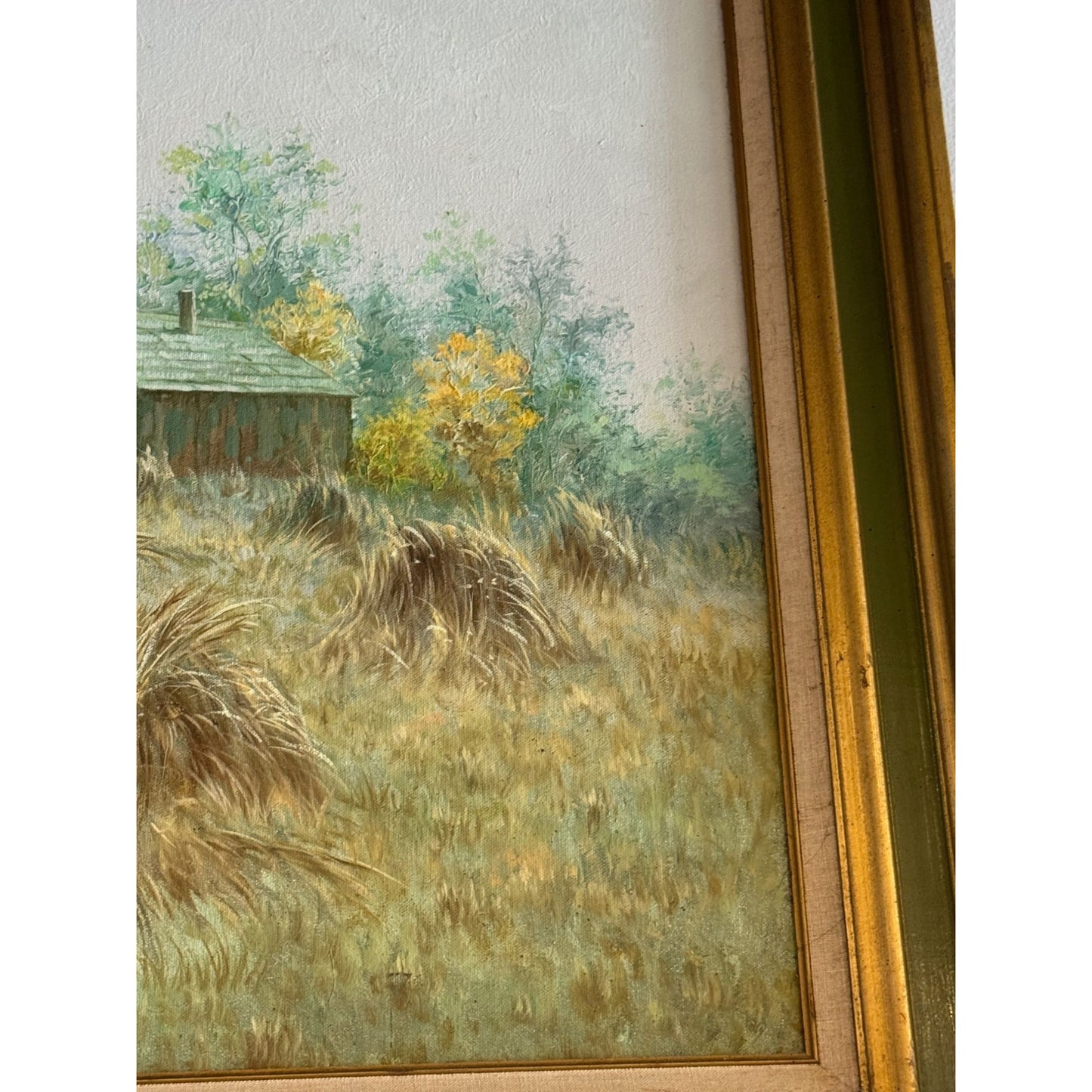 Signed Hyun Bo Yoo Oil On Canvas Painting Of Rural Landscape With Barns & Haystacks