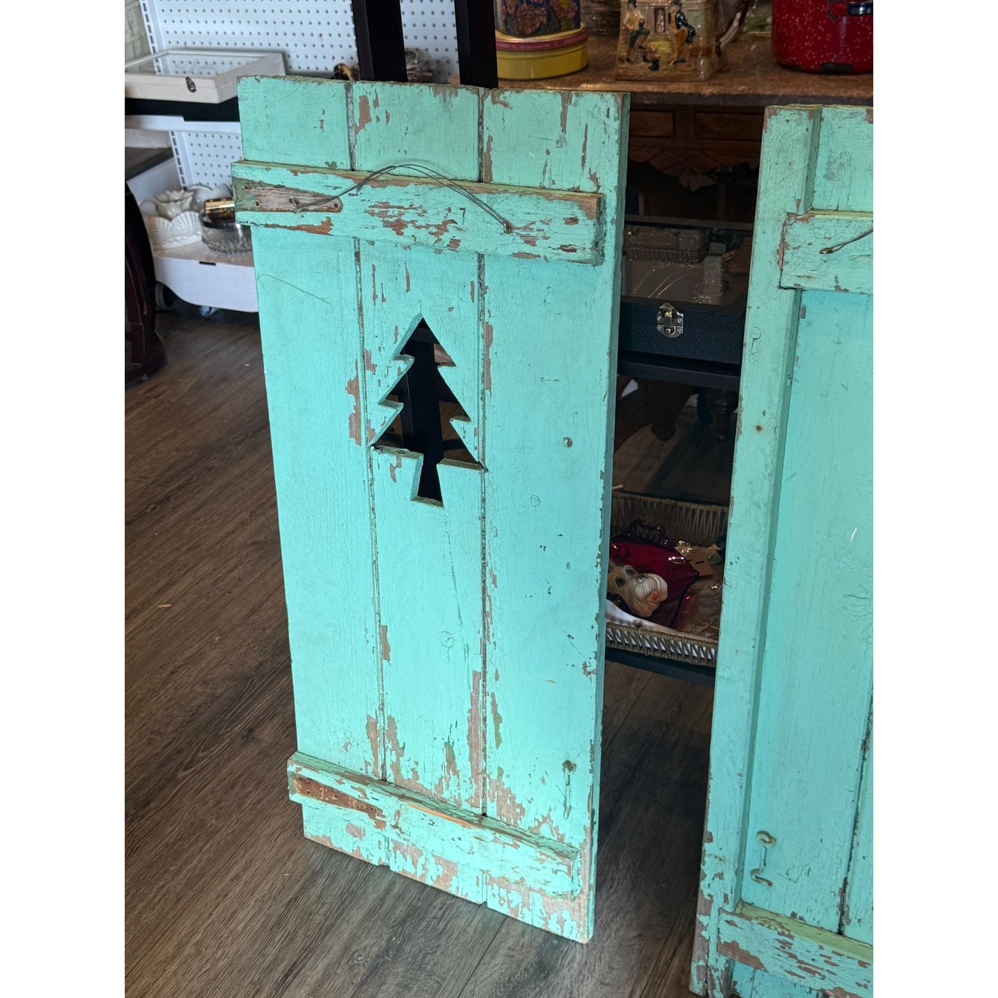 Rustic Turquoise Wooden Cabin Shutters With Tree Cutouts Distressed Finish
