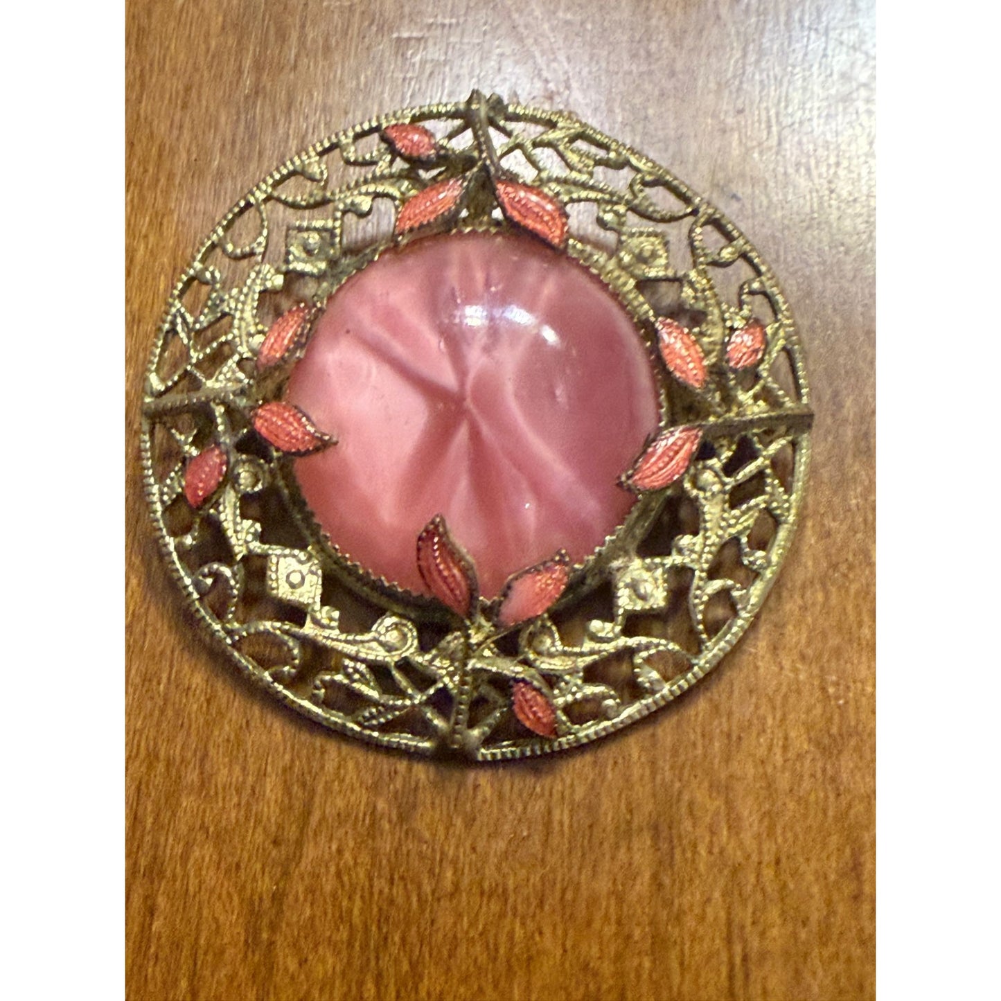 Vintage Gold Filigree Brooch With Pink Glass Center & Enamel Leaves