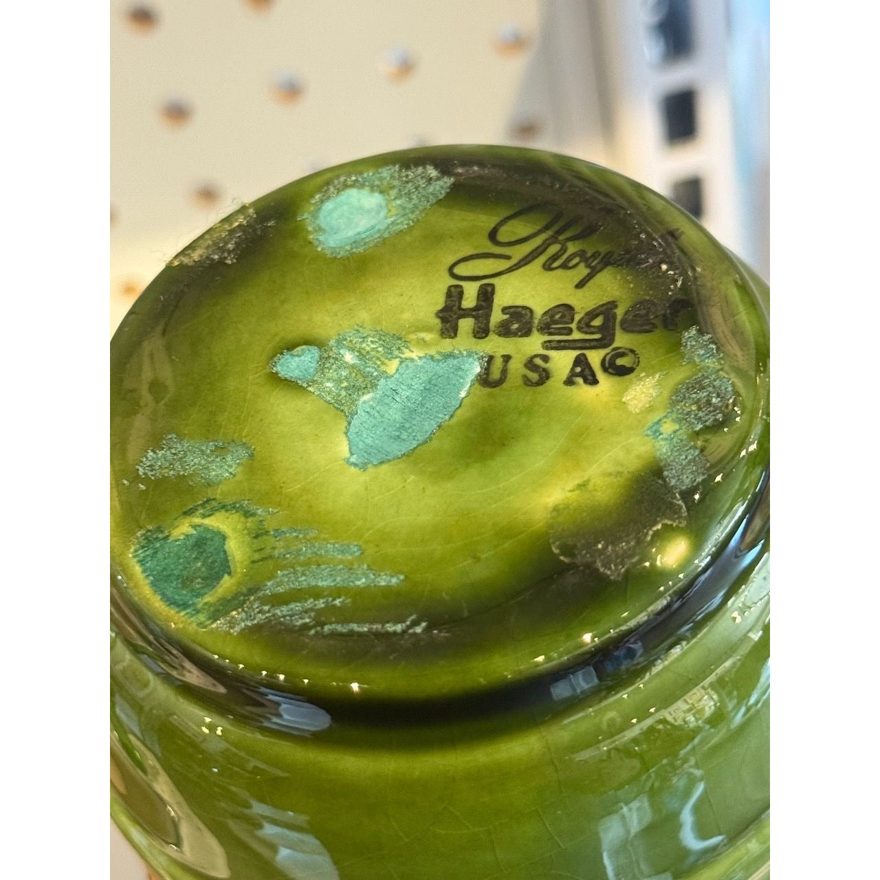 Vintage Haeger USA Green Ceramic Vase With Textured Band Design