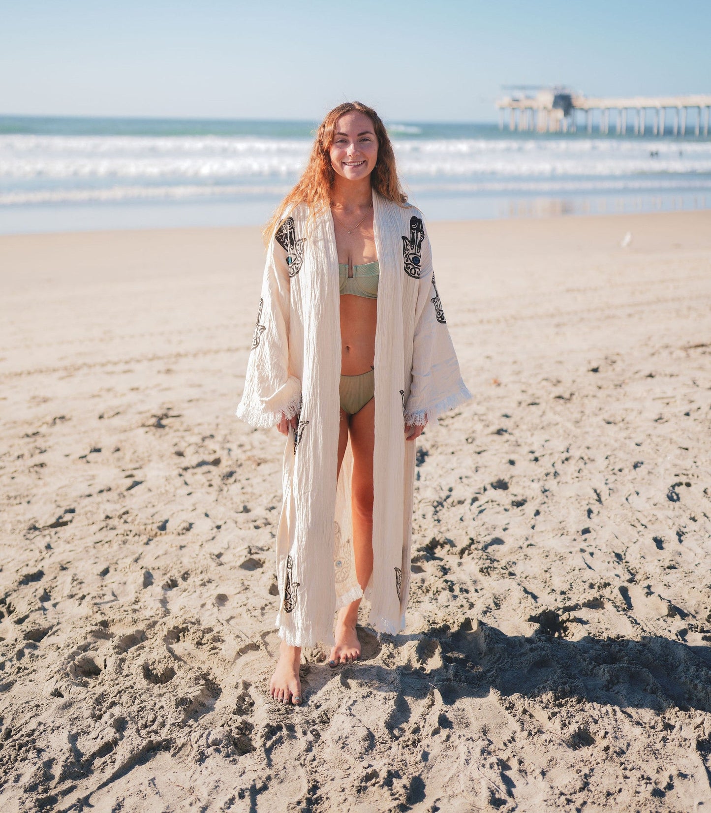 MUSLIN COTTON KIMONO BATHROBE HAMSA HAND PRINT