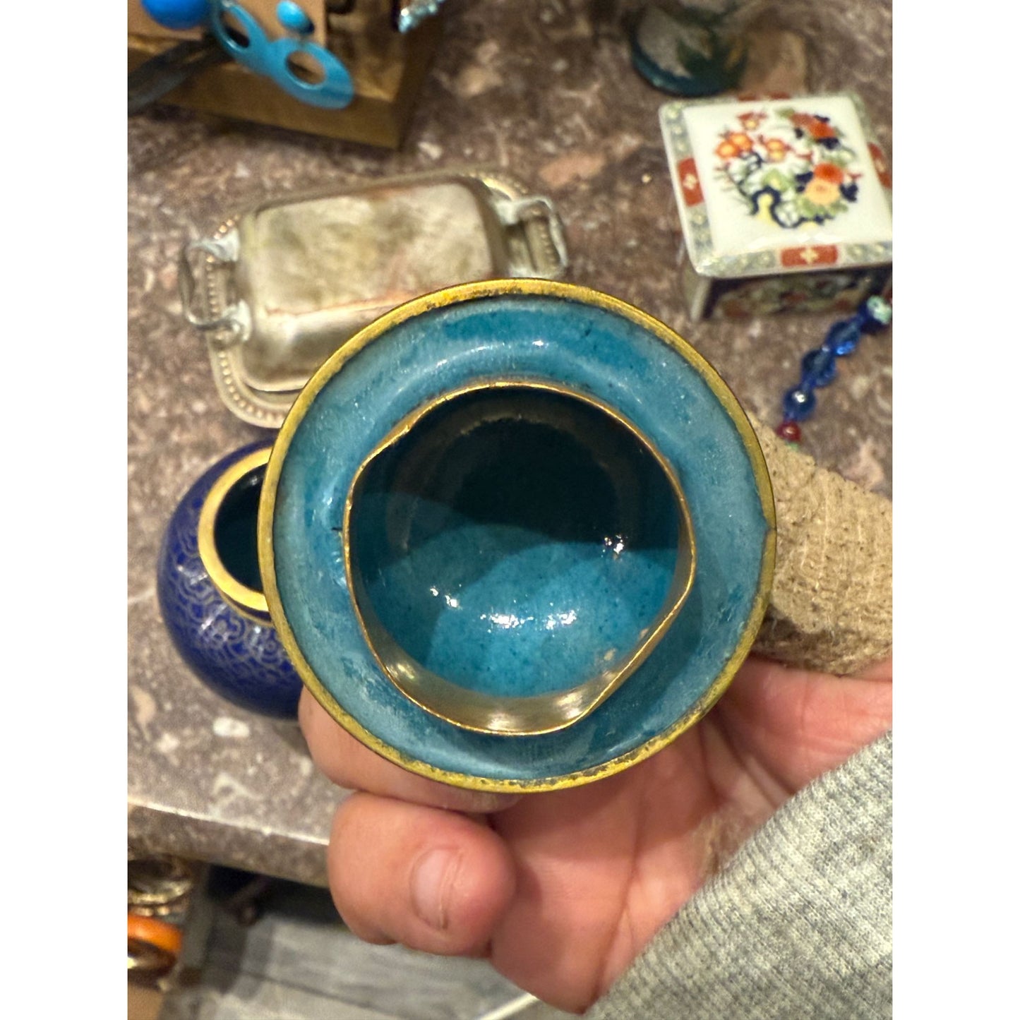 Vintage Chinese Blue & Gold Cloisonné Lidded Jar Vase