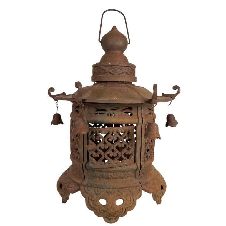 Antique Japanese Pagoda Iron Hanging Lantern With Intricate Decorative Bells