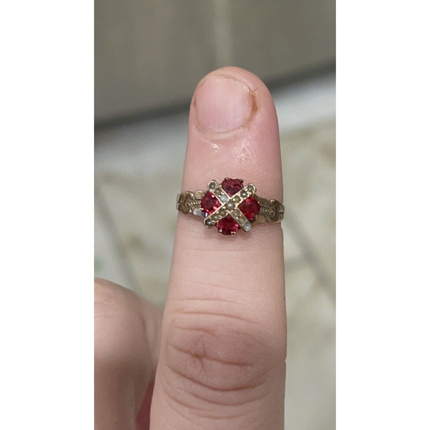Antique Victorian 10K Rose Gold Garnet Engagement Ring With Seed Pearls