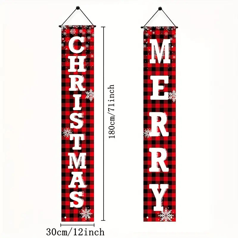 Vintage Style Merry Christmas Buffalo Plaid 2 Piece Door Fireplace Sign Banner