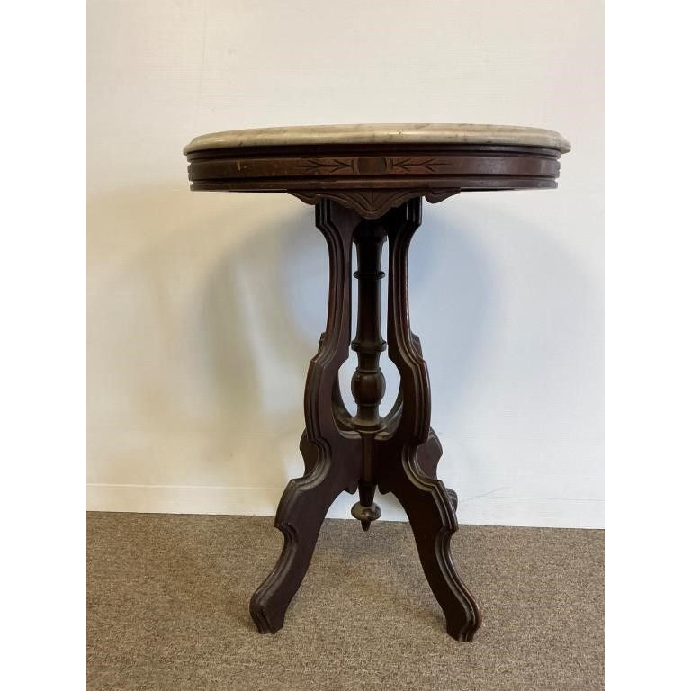 Antique Victorian Marble Top Side Table With Ornate Walnut Base