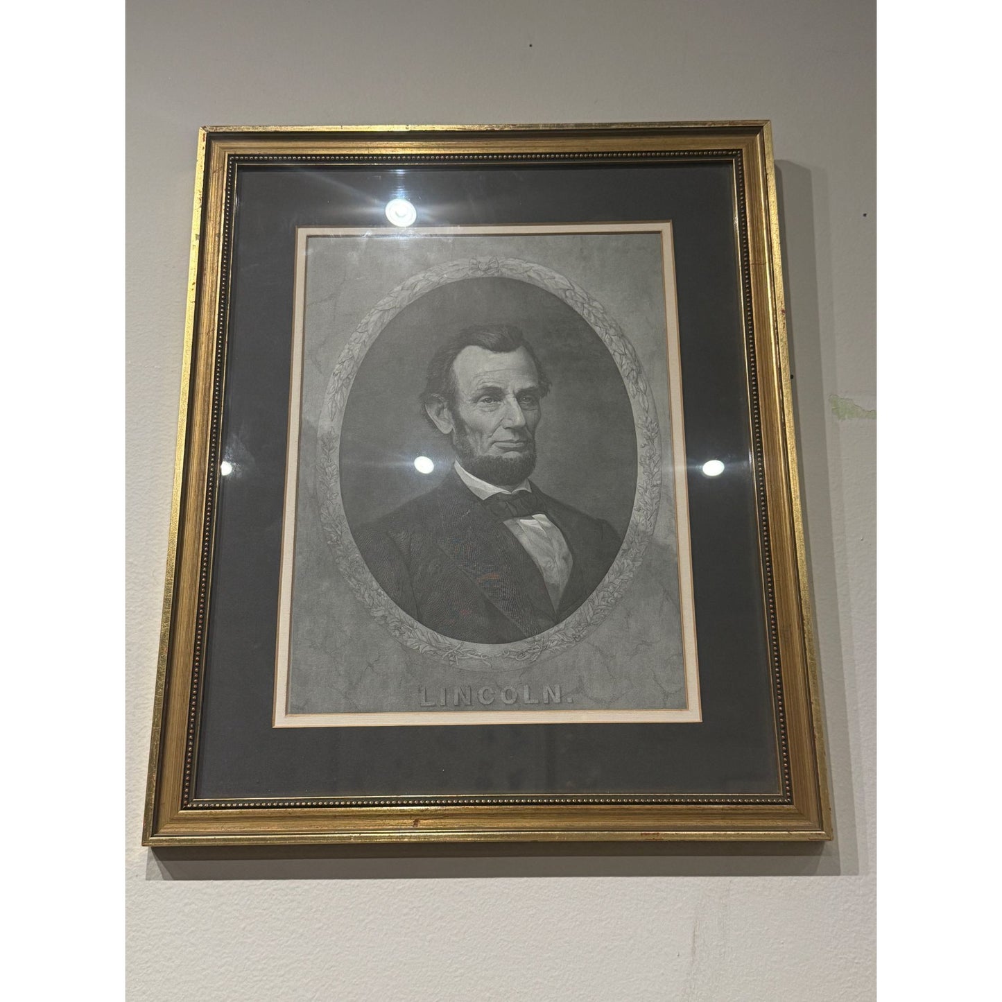 Antique Framed Abraham Lincoln Portrait Print With Gold-Trimmed Frame & Matte Border