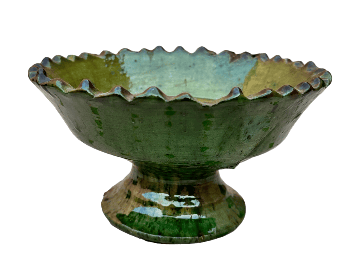 Tamegroute Fruit Bowls, Tamegroute Bowls Green & Ochre Glazed Pottery, A Collection Of 4 Ceramic Fruit bowls, each handmade in Morocco.