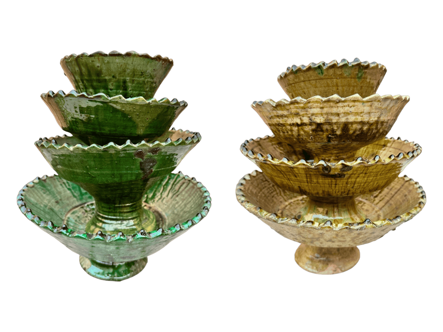 Tamegroute Fruit Bowls, Tamegroute Bowls Green & Ochre Glazed Pottery, A Collection Of 4 Ceramic Fruit bowls, each handmade in Morocco.