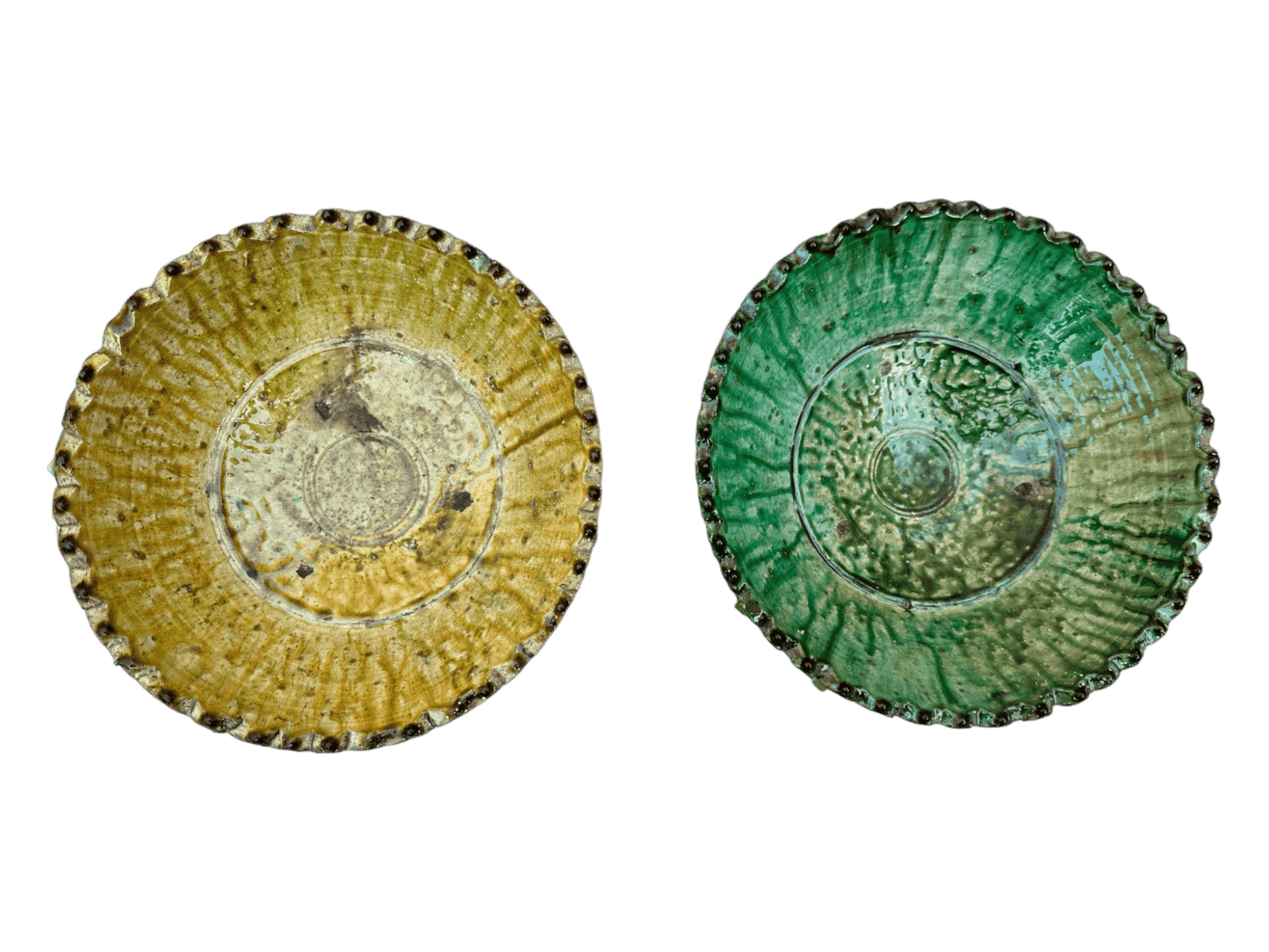 Tamegroute Fruit Bowls, Tamegroute Bowls Green & Ochre Glazed Pottery, A Collection Of 4 Ceramic Fruit bowls, each handmade in Morocco.