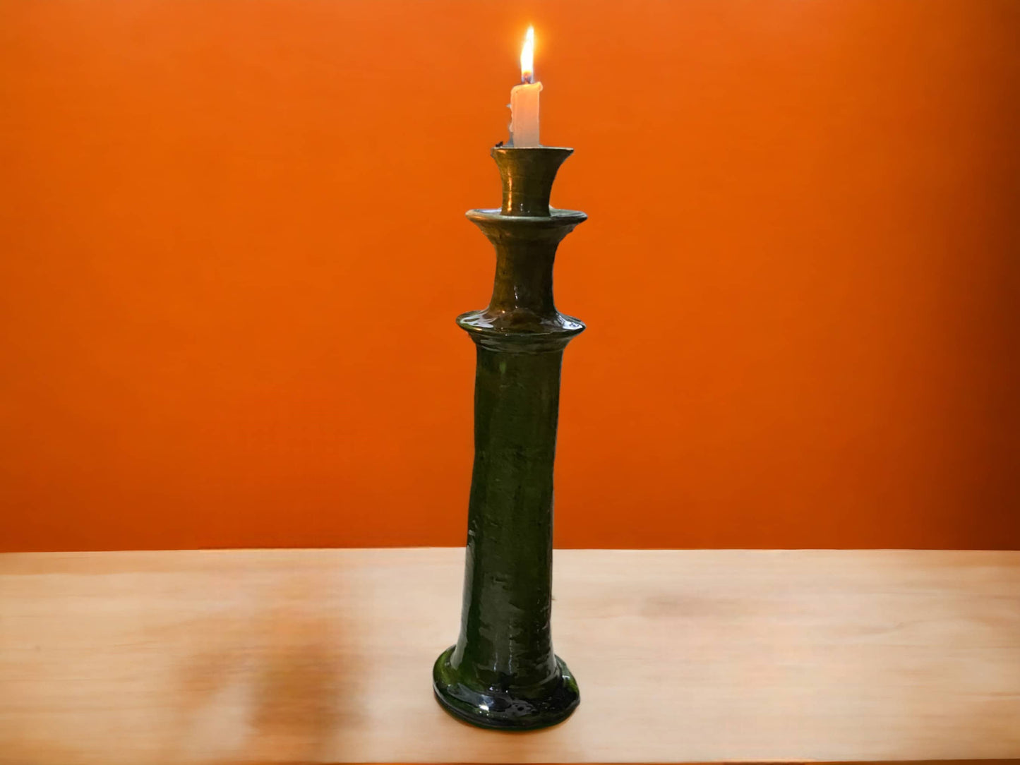Handmade Moroccan Vintage Tamegroute Green Candlestick Holders: Set of 3 Ceramic Glazed Pottery