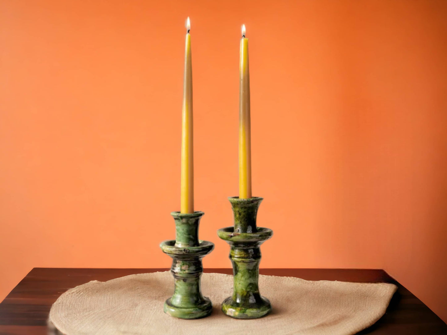 Handmade Moroccan Vintage Tamegroute Green Candlestick Holders: Set of 2 Small Ceramic Glazed Pottery