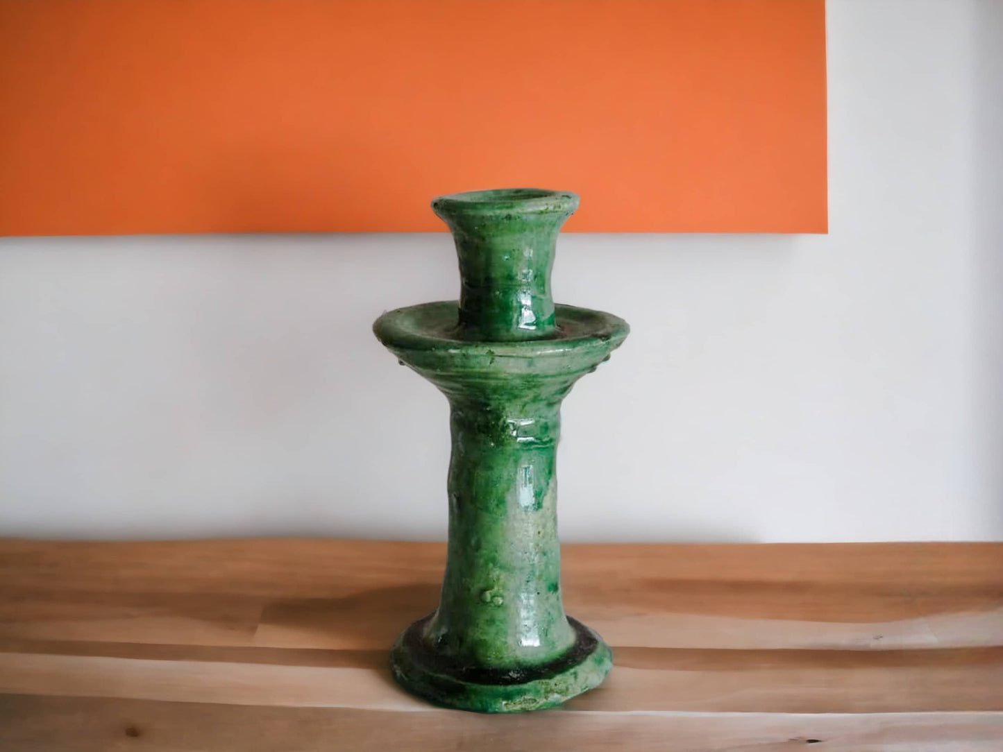 Handmade Moroccan Vintage Tamegroute Green Candlestick Holders: Set of 2 Small Ceramic Glazed Pottery