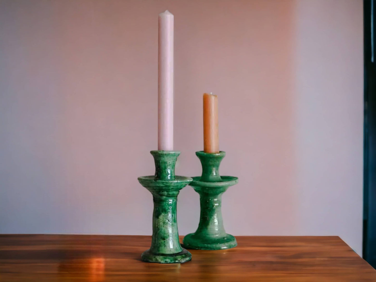 Handmade Moroccan Vintage Tamegroute Green Candlestick Holders: Set of 2 Small Ceramic Glazed Pottery